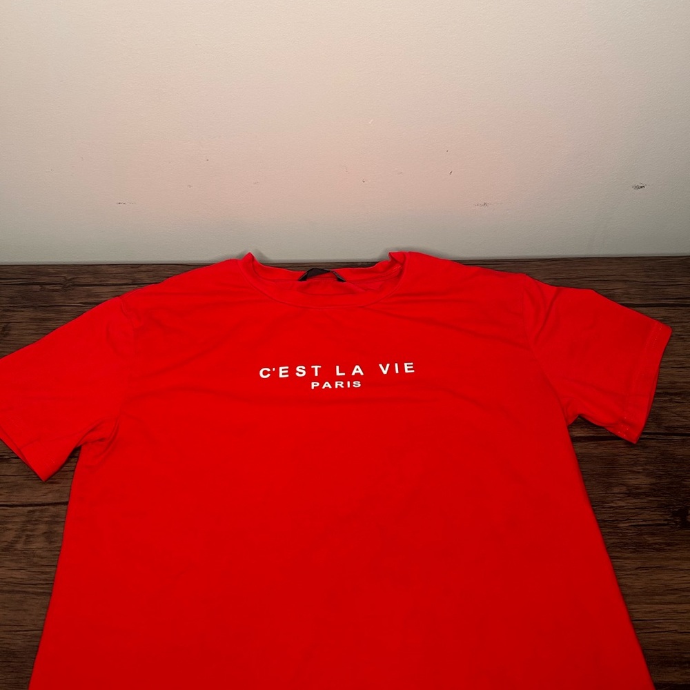 SHEIN T SHIRT WOMENS SMALL RED SOLID WHITE LOGO